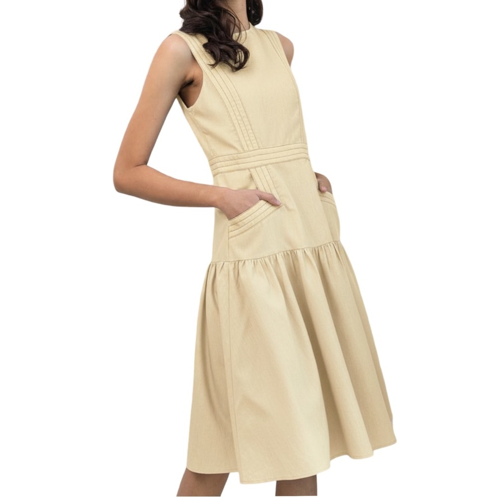 Sleeveless Cream Midi Dress with Pockets